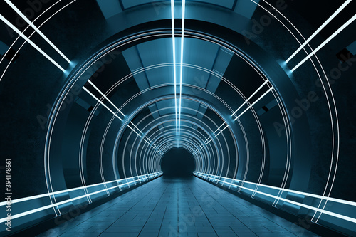 Fototapeta Naklejka Na Ścianę i Meble -  Dark round tunnel with glowing neon lights, 3d rendering.