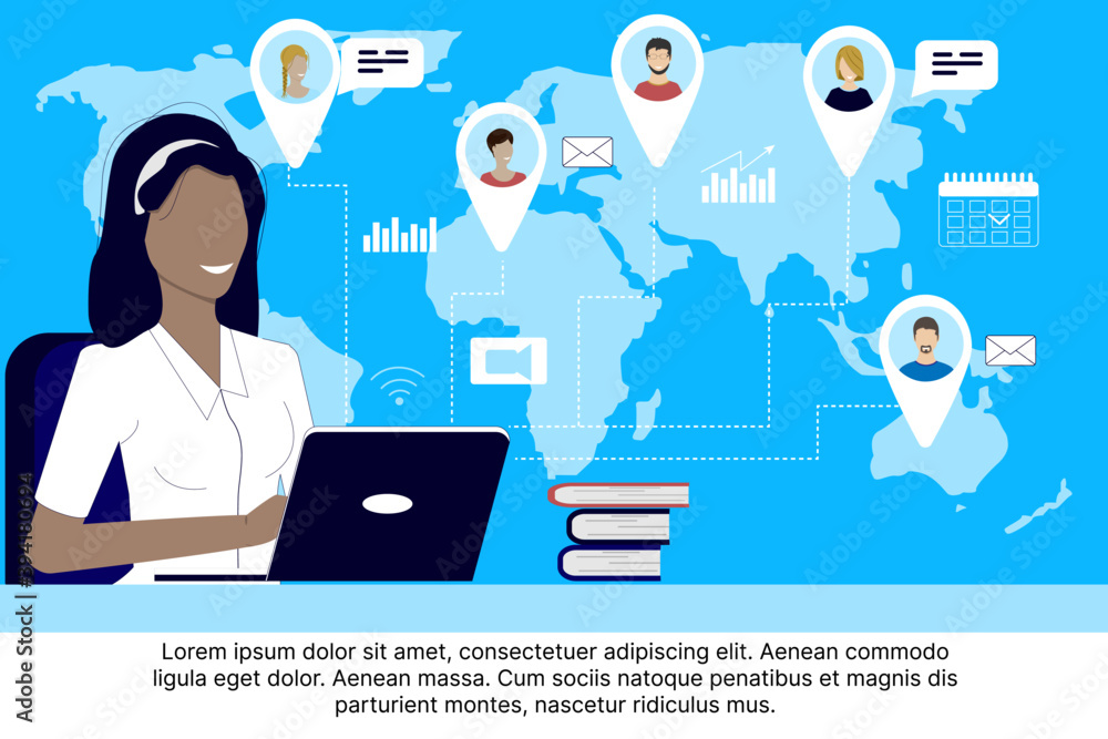 People from all over the world work together online on a computer via videoconference, work from home, work from anywhere. Vector illustration People from all over the world work together online on a computer via videoconference, work from home, work from anywhere. Vector illustration
