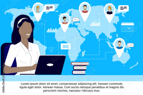 People from all over the world work together online on a computer via videoconference, work from home, work from anywhere. Vector illustration