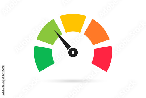 Scale with arrow. Colorful speedometer, tachometer or gauge. Level satisfaction. Credit score indicators. Colored infographics.
