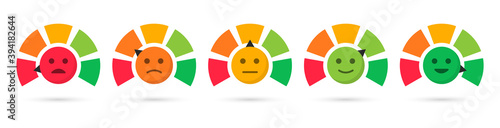 Scale with arrow. Feedback emotions. Level satisfaction. Mood scale. Meter emoticons. Colored Infographics.