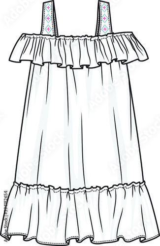 Girl's dress. Tech sketch of a summer dress for further product development