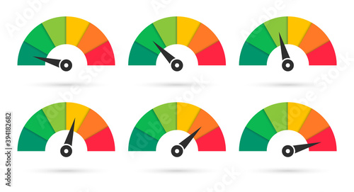 Set of colorful speedometers. Scale with arrow. Level satisfaction. Credit score indicators. Colored infographics. photo