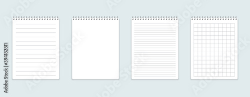 Realistic notebook with squared and line sheets. Set of different notepad.