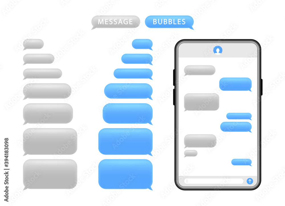 Smartphone with message bubbles. Speech bubbles for chat. Phone chat screen and text sms. Messenger interface. Vector. Smartphone with message bubbles. Speech bubbles for chat. Phone chat screen and text sms. Messenger interface. Vector.