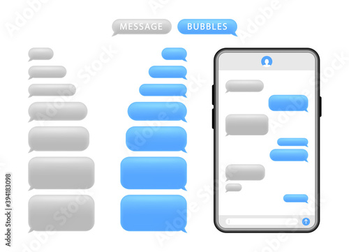 Smartphone with message bubbles. Speech bubbles for chat. Phone chat screen and text sms. Messenger interface. Vector.