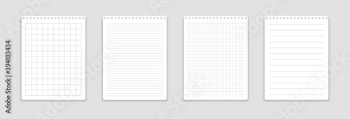 Realistic notebook with squared and line sheets. Set of paper sheets.