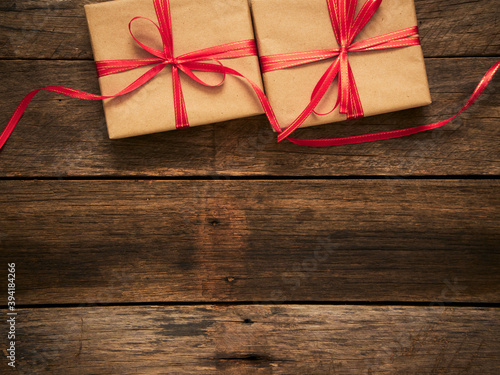 Christmas gift boxes on wood background