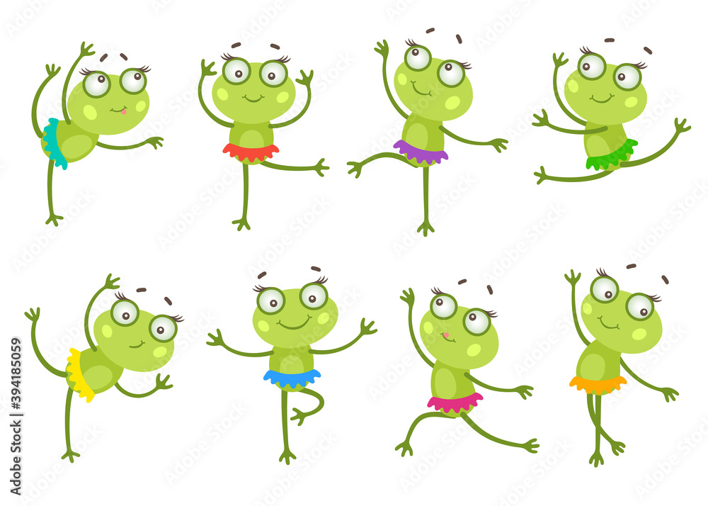 Obraz premium Set of dancing frogs. Cartoon character, happy and smiling animal. Nice for storyboard, posing, diet food, fitness and dancing club. Big eyes, long legs, good flexibility, green skin, colorful skirts