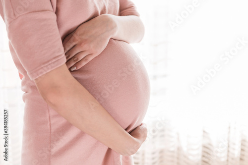 Pretty young pregnant woman standing by the window in home