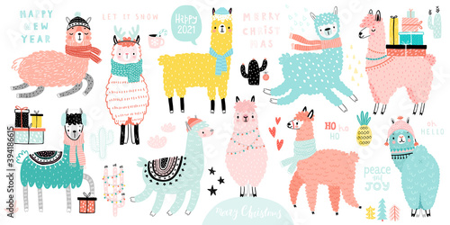 Christmas set with Cute Llamas celebrating Christmas eve, handwritten letterings and other elements. Funny characters. .