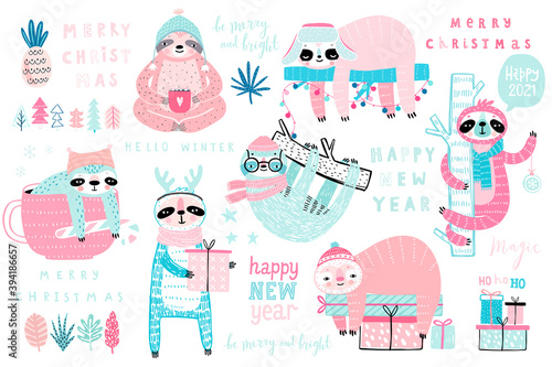 Christmas Sloths set, hand drawn style - calligraphy, cute sloths and other elements.