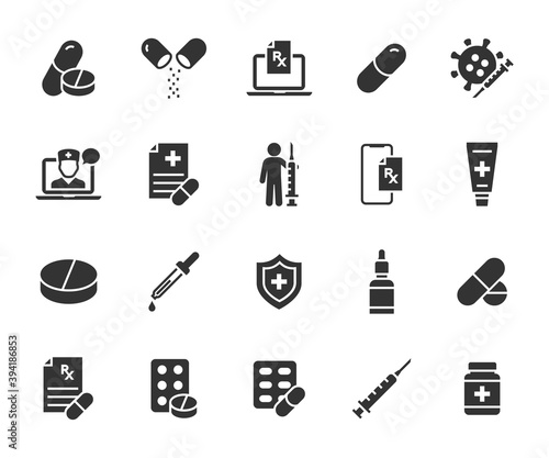 Vector set of medical drugs flat icons. Contains icons pill, prescription, vaccine, doctor online, dropper, ointment, online prescription and more. Pixel perfect.
