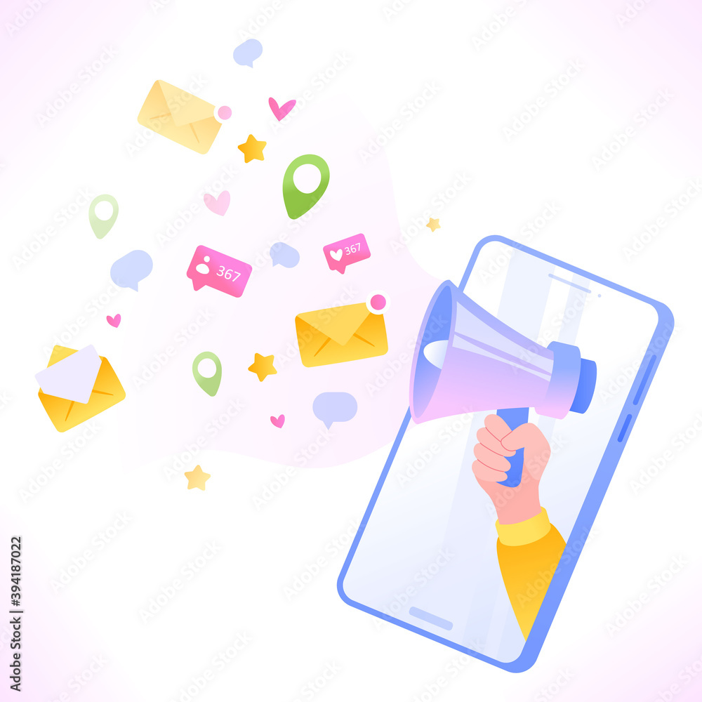 Hand holding megaphone through smartphone screen. Social media and digital marketing concept, vector illustration