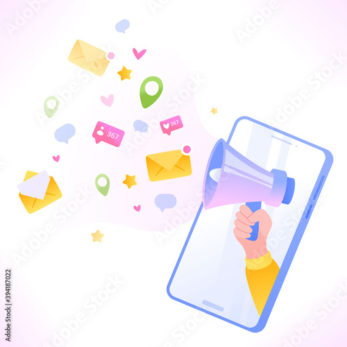 Hand holding megaphone through smartphone screen. Social media and digital marketing concept, vector illustration