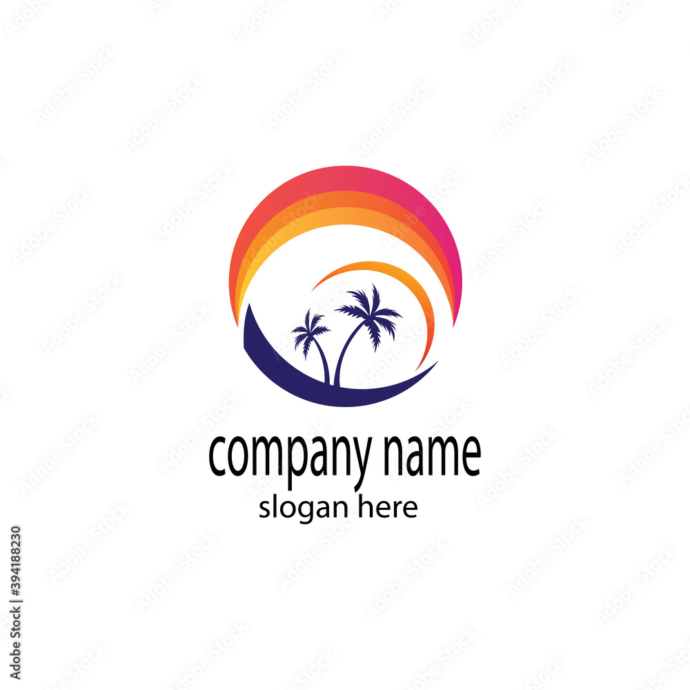 sunset landscape logo illustration coconut tree, summer symbol vector design