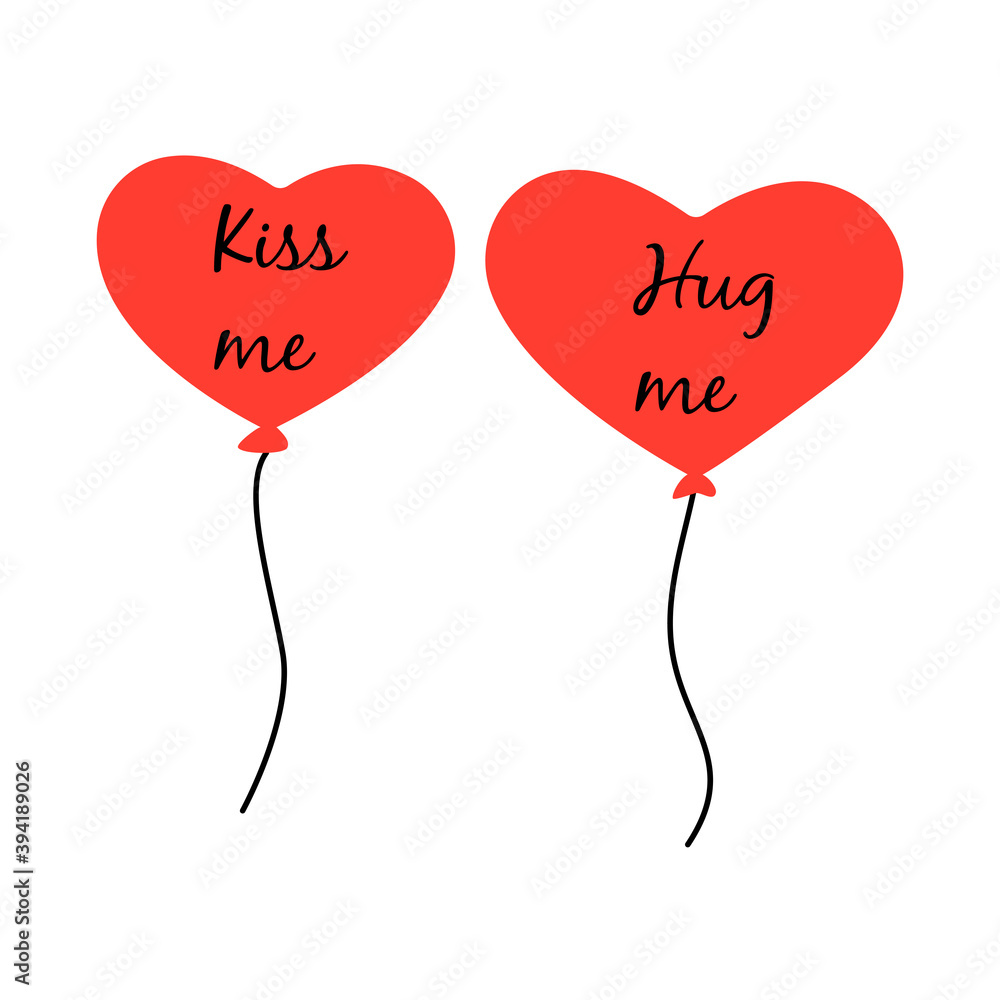 Balloons in the shape of a heart. Inscription kiss me and hug me. Happy Valentines Day. Declaration of love and feelings, February 14th. On white background isolated vector doodle hand drawn