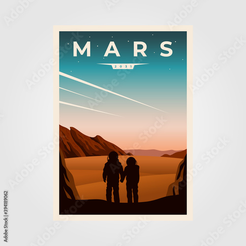 mars fantastic poster background illustration, astronaut couples space vintage poster illustration design
