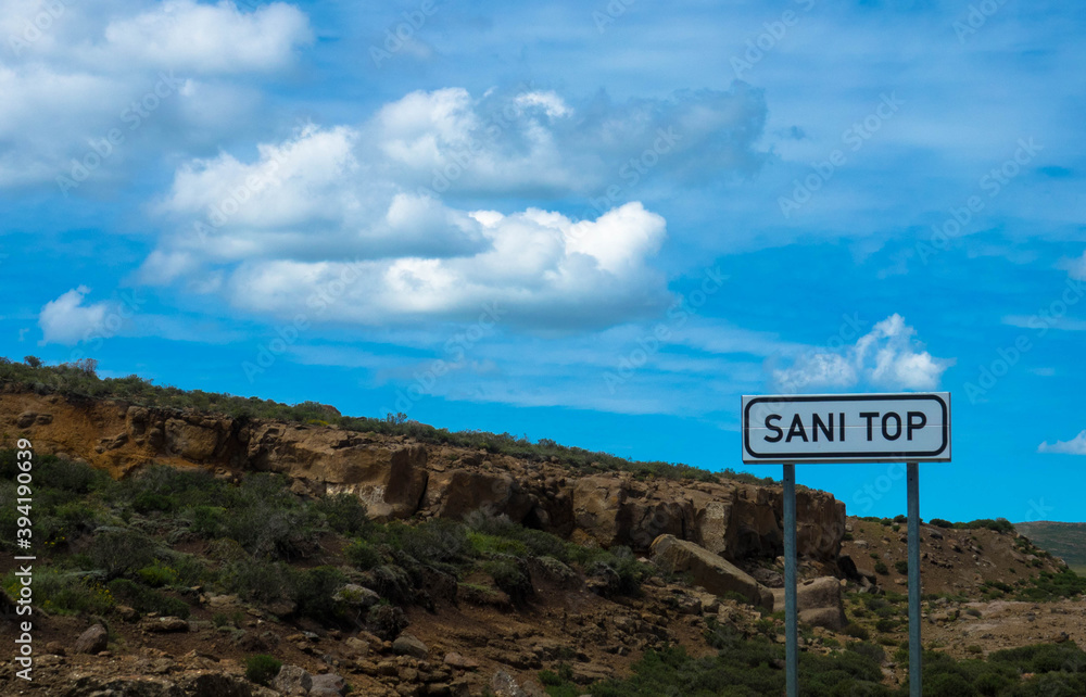 Highest Point in South africa. Roadsign Sani Top, Mountain pass between South Africa and Kingdom of Lesotho Highest Point in South africa. Roadsign Sani Top, Mountain pass between South Africa and Kingdom of Lesotho