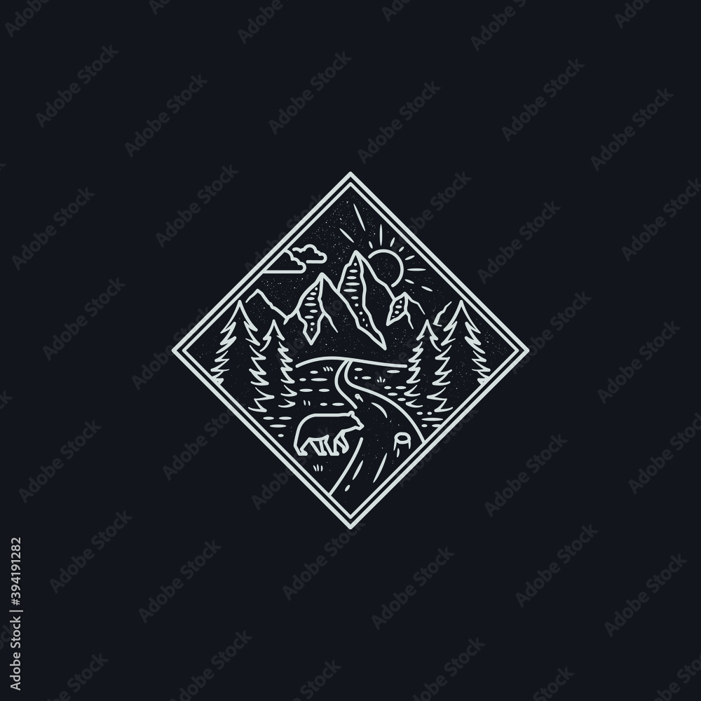 vector of bear in the forest mono line style. bear in the forest illustration.