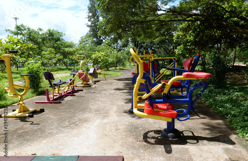 The colorful outdoor exercise machines in the park