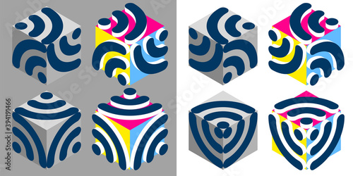 Set of wireless and wifi icons on isometric volumetric cubes. 3d shapes with symbols, high tech concept, 5g, artificial intelligence and nano technology devices. Nanoparticles for robots