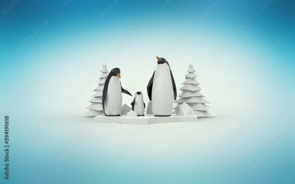 Obraz premium Low poly penguin family with christmas tree 3d render illustration on blue background
