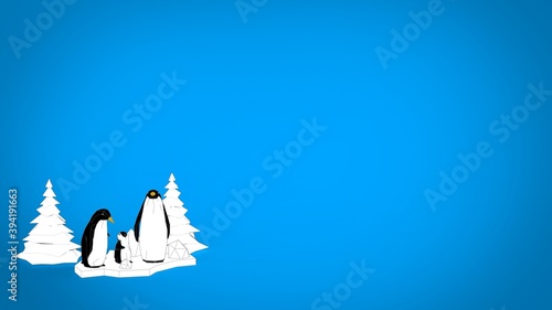 Low poly penguin family with christmas tree 3d render illustration on blue background