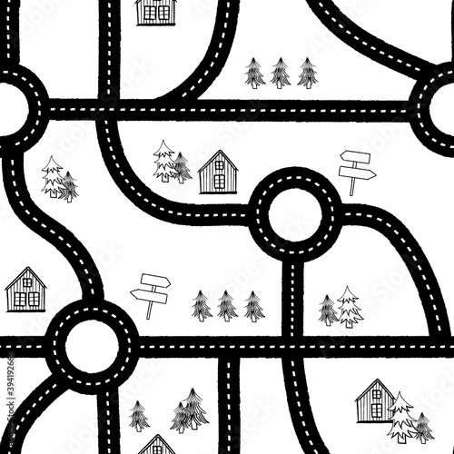 Vector black white roads houses seamless pattern