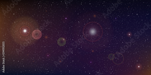 Abstract background with flare light effect in the space. Sun light and stardust in deep universe. Vector illustration.
