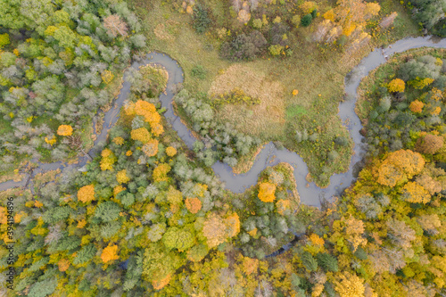 Aerial top down view of river flowing through green yellow autumn forest