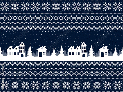 Knitted Christmas and New Year pattern. Wool Knitting Sweater Design. Wallpaper wrapping paper textile print.