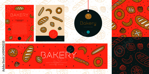 Bread seamless pattern with minimal illustrations, icons for baking, bakehouse logo design template. Vector set design templates and branding elements for bakery shop packaging in red colors.
