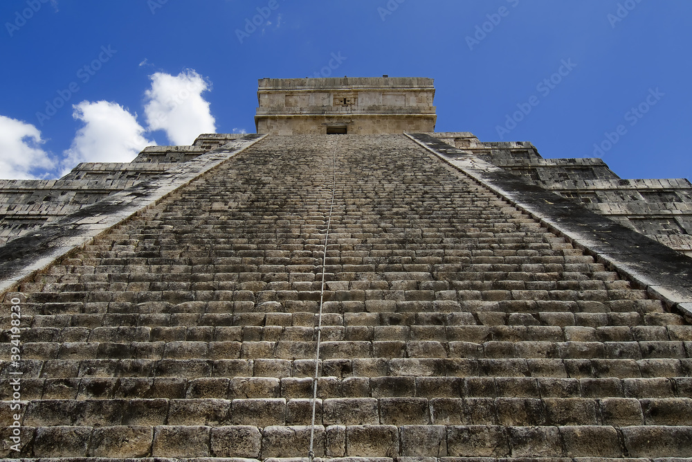 Stairs of the stepped pyramid of Kukulkan, El Castillo -  The Castle, Chichen Itza; Yucatan, Mexico, UNESCO World Heritage Site