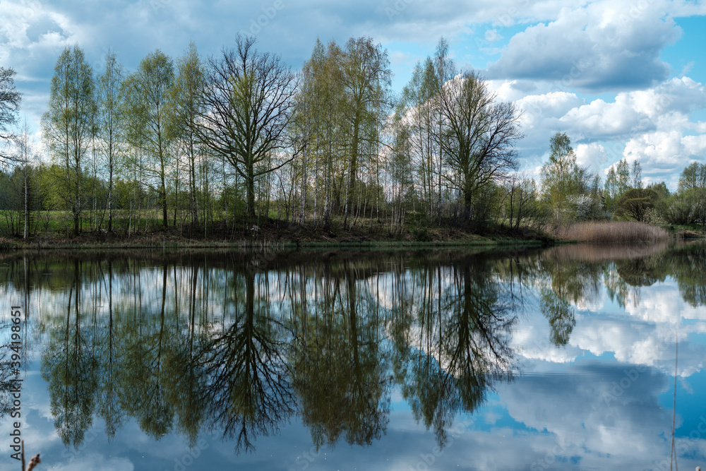 blue sky reflections in clear water pond with spring trees and mirror water blue sky reflections in clear water pond with spring trees and mirror water