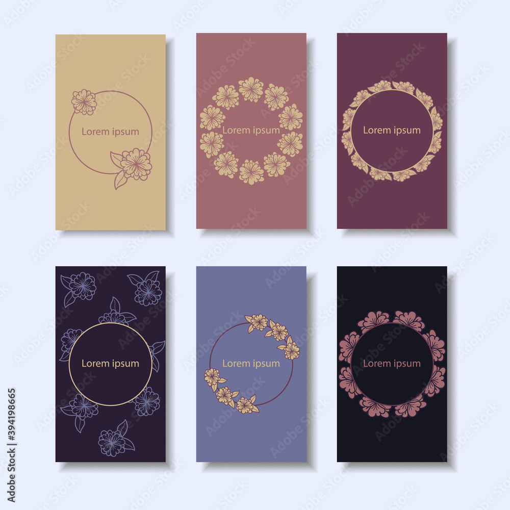 Set of six minimalist style business cards with delicate floral elements. Vector design template for cards, invitations, posters, covers. Set of six minimalist style business cards with delicate floral elements. Vector design template for cards, invitations, posters, covers.