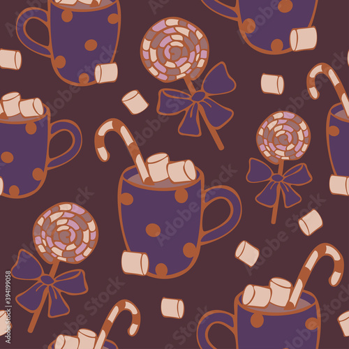 Vector seamless pattern hot drink with candies. Cocoa or coffee with lollipops pattern. Design concept for coffee shop.