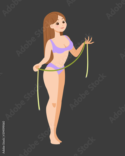 Before after beautiful young slender woman stands in underwear with tailor's tape measure in her hands, measuring parameters, lost weight after proper nutrition, playing sports, taking food supplement