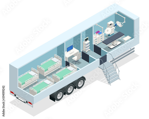 Isometric hospital in the car. Mobile hospital with medical beds, laboratory and operating room.