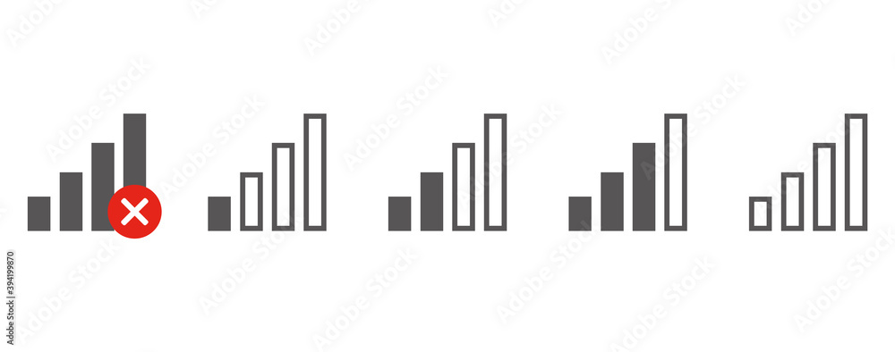 set of signal strength indicator. Wi-Fi, wireless connection, antenna signal strength on white background