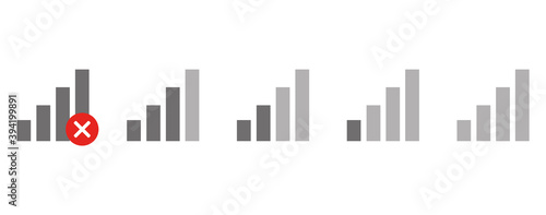 set of signal strength indicator. Wi-Fi, wireless connection, antenna signal strength on white background