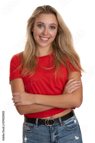 Portrait of a cute teenage girl in red tshirt over white © Samo Trebizan