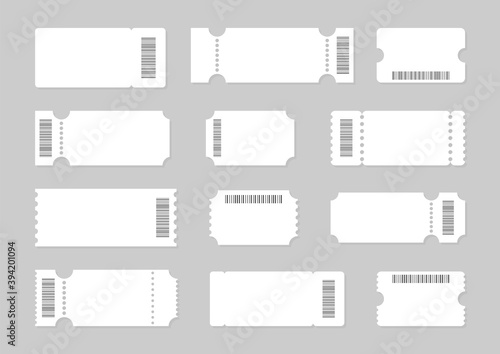 Set of blank templates tickets with barcodes, coupons and vouchers. Ticket and voucher mockups, white cardboard texture. Concert and cinema ticket, discount voucher and gift coupon template