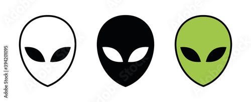 Alien icon. Extraterrestrial black green symbol and outline. Vector illustration isolated on white background. Set