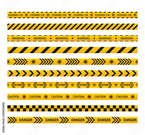 Set of danger caution seamless black and yellow tapes quarantine. Warning, stop. Warning Covid-19 quarantine tapes. Vector illustration © Vlad