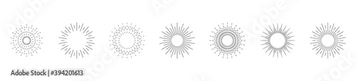 Sunburst set. Collection of bursting rays sunrise firework starburst burst for logotype, emblem, logo, tag, stamp, banner. Vector 