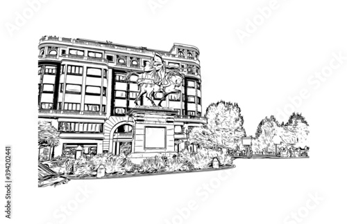 Building view with landmark of Burgos is a city of Spain. Hand drawn sketch illustration in vector.