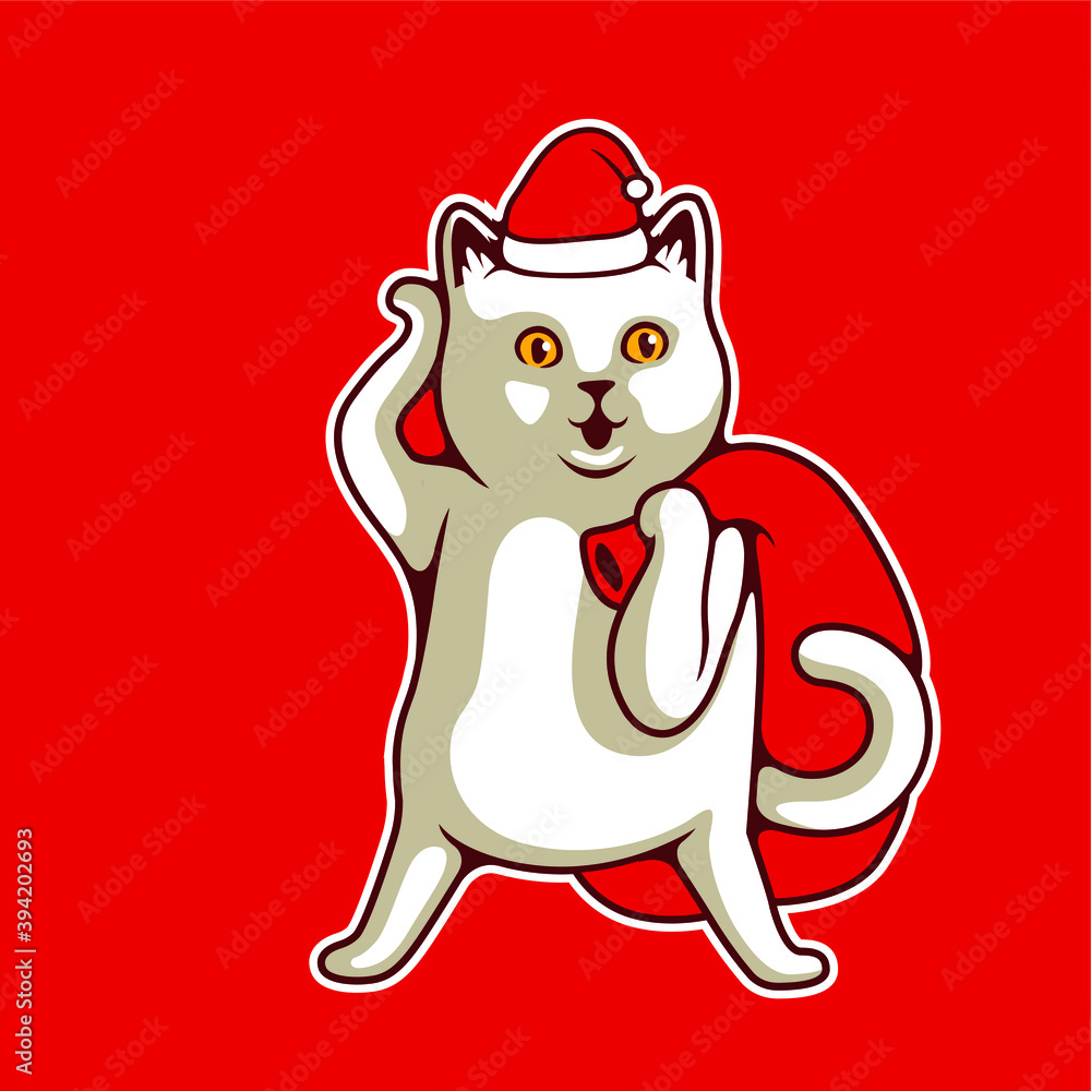 Fototapeta premium White Fat Cat Acts To Be Santa Claus Wearing Red Hat, With Huge Red Bag With Presents For Christmas And New Year Posters, Gift Tags And Labels. Meowy Catmas Cartoon Vector Illustration - Vector