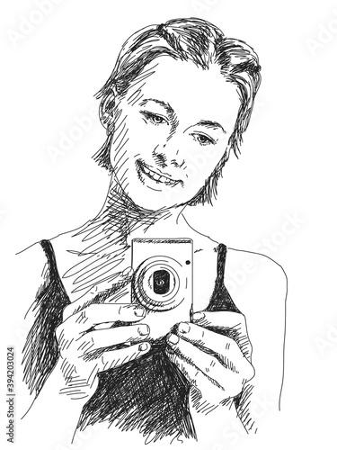 Sketch of Woman taking photo with compact camera, Hand drawn illustration