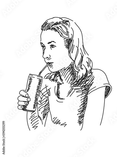 Sketch of drinking woman Hand drawn illustration